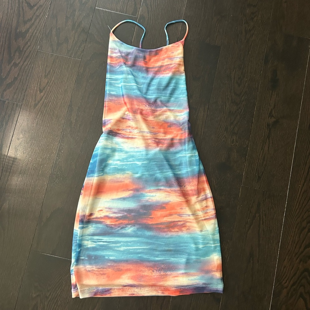 Multicolor boutique cocktail dress with lace up back